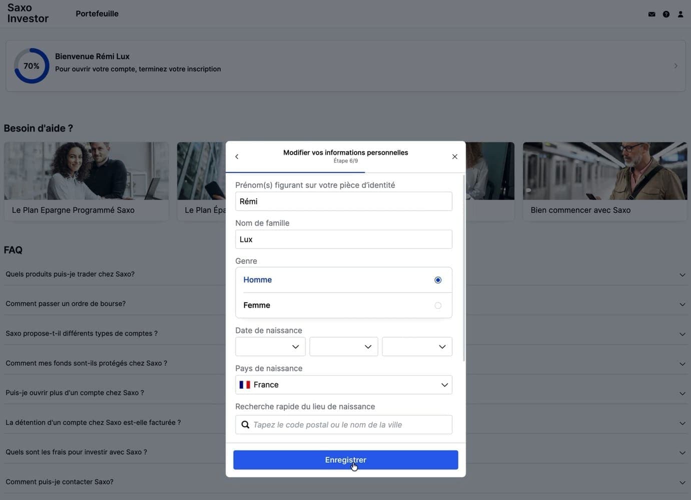 Saxo Banque : étape de demande d’informations personnelles