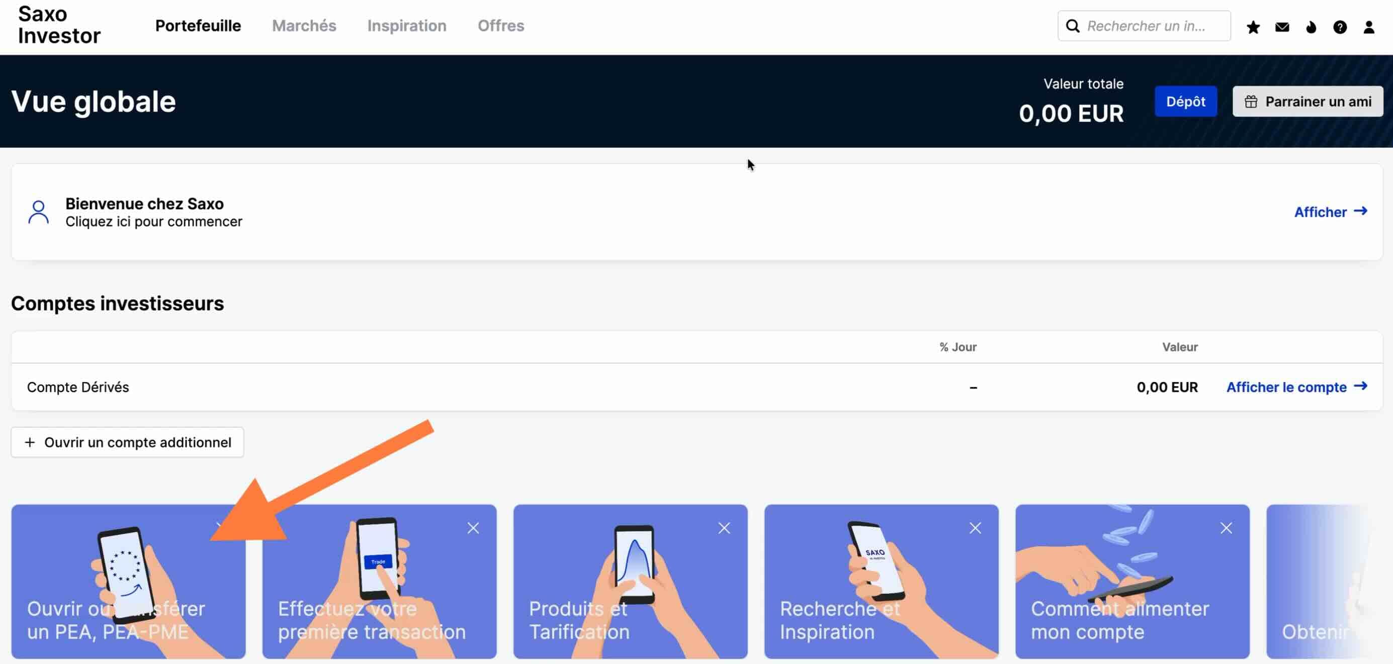 Saxo Banque : espace client avec bouton pour ouvrir un PEA